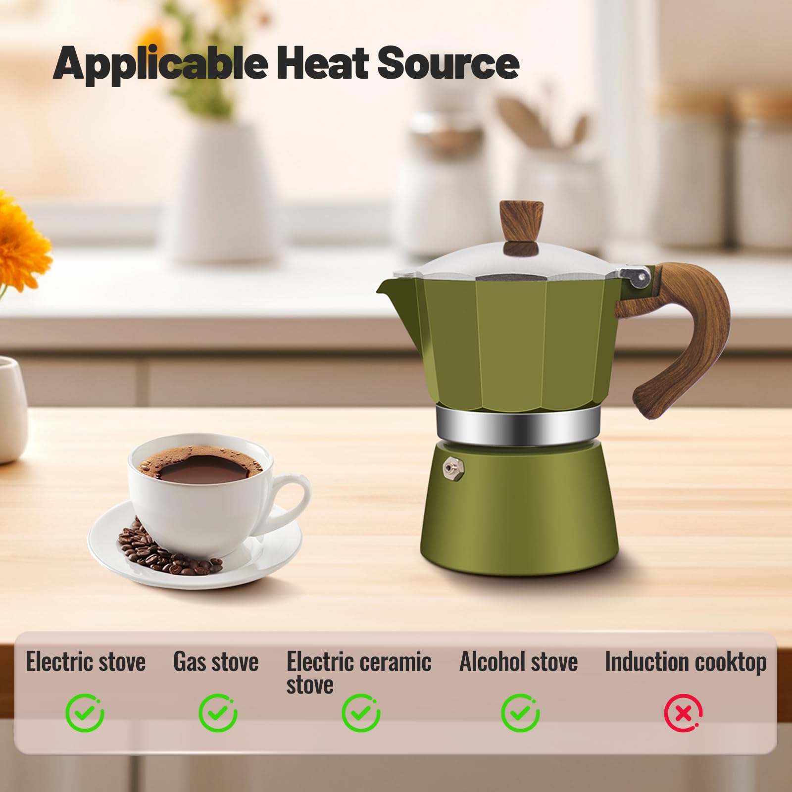 Cafetera de aluminio para 3 tazas, cafetera clásica de 150 ml, cafetera percoladora Mocha Express, cafeteras preferidas para café italiano y cubano, color verde