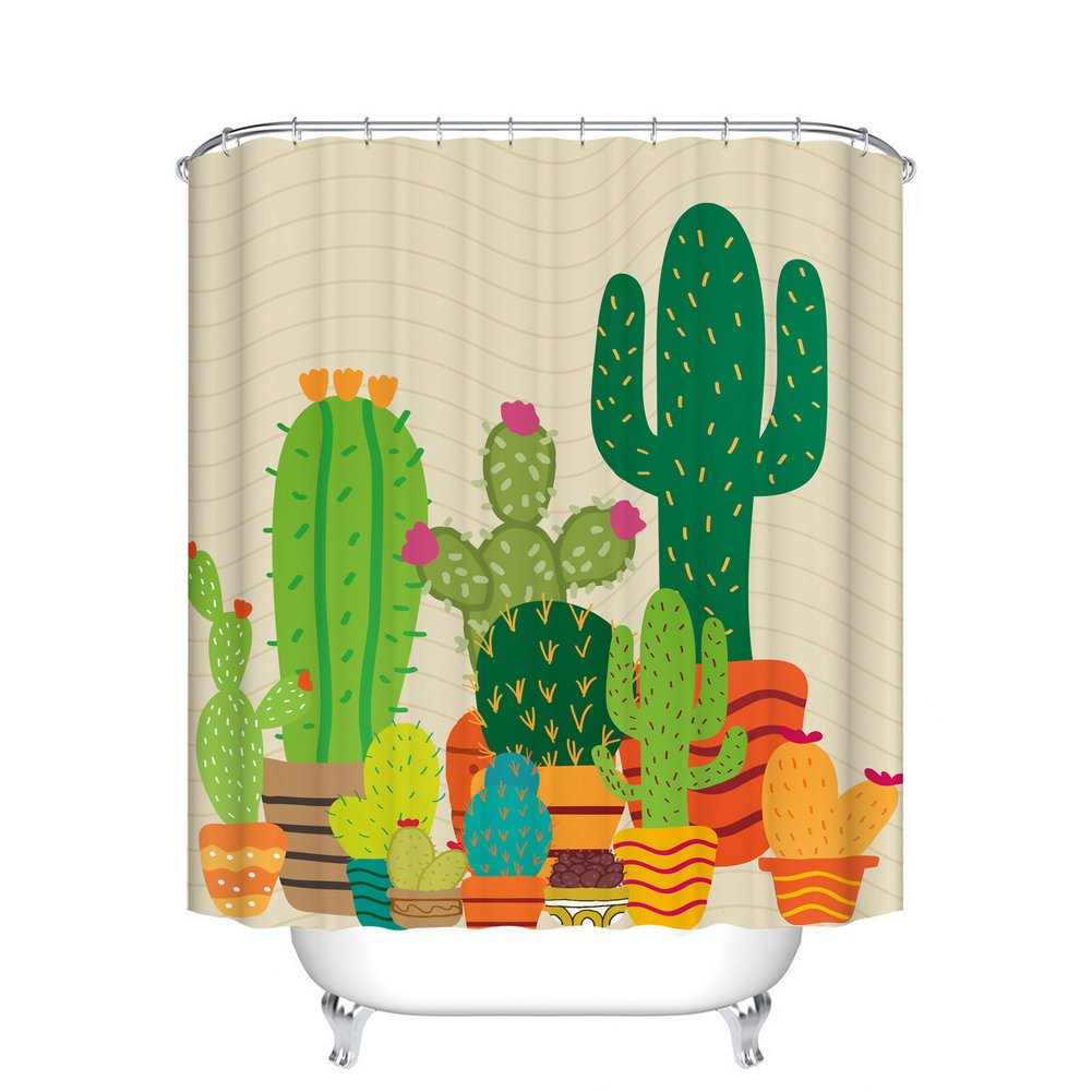 Fangkun Duschvorhang Mit Kaktus & Blumen Design – 183 X 183 Cm Polyester, Inkl. 12 Haken, Waschbar