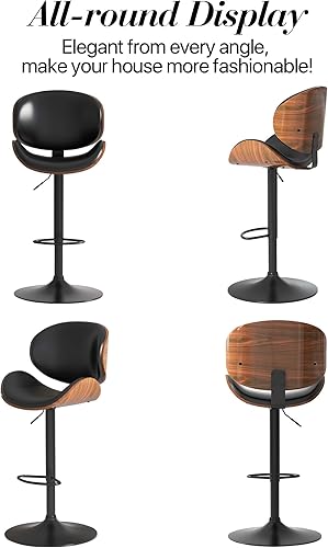 Miniatura 9 de Juego de 2 taburetes de bar giratorios ajustables, modernos taburetes de bar de madera curvada con base de metal grande y reposapiés, silla de bar