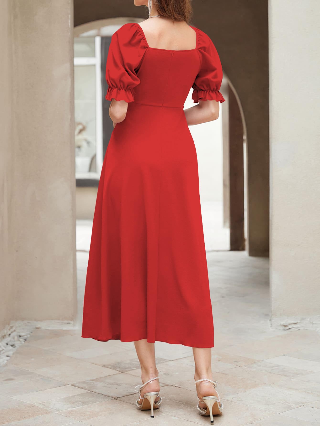 Shasmi Girl's & Women's Solid Red A-Line Ruched Puff Sleeve Maxi Long Evening One Piece Long Dress for Women Stylish (Dress 131 Red-S) - Image 2 thumbnail