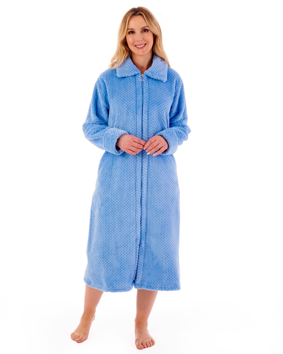 Slenderella Ladies Zip Up Dressing Gown Womens Soft Waffle Fleece Bath Robe Large (Blue) (HC4326)