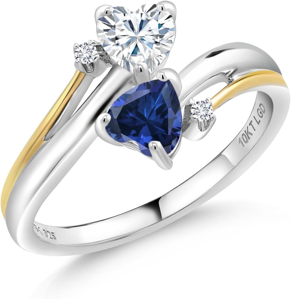Gem Stone King 925 Sterling Silver & 10K Yellow Gold Gemstone Birthstone, White Moissanite and Accent Lab Grown Diamond 2-Heart Promise Ring | Heart Shape 5MM | Round 1.3MM | Two-Tone Couple