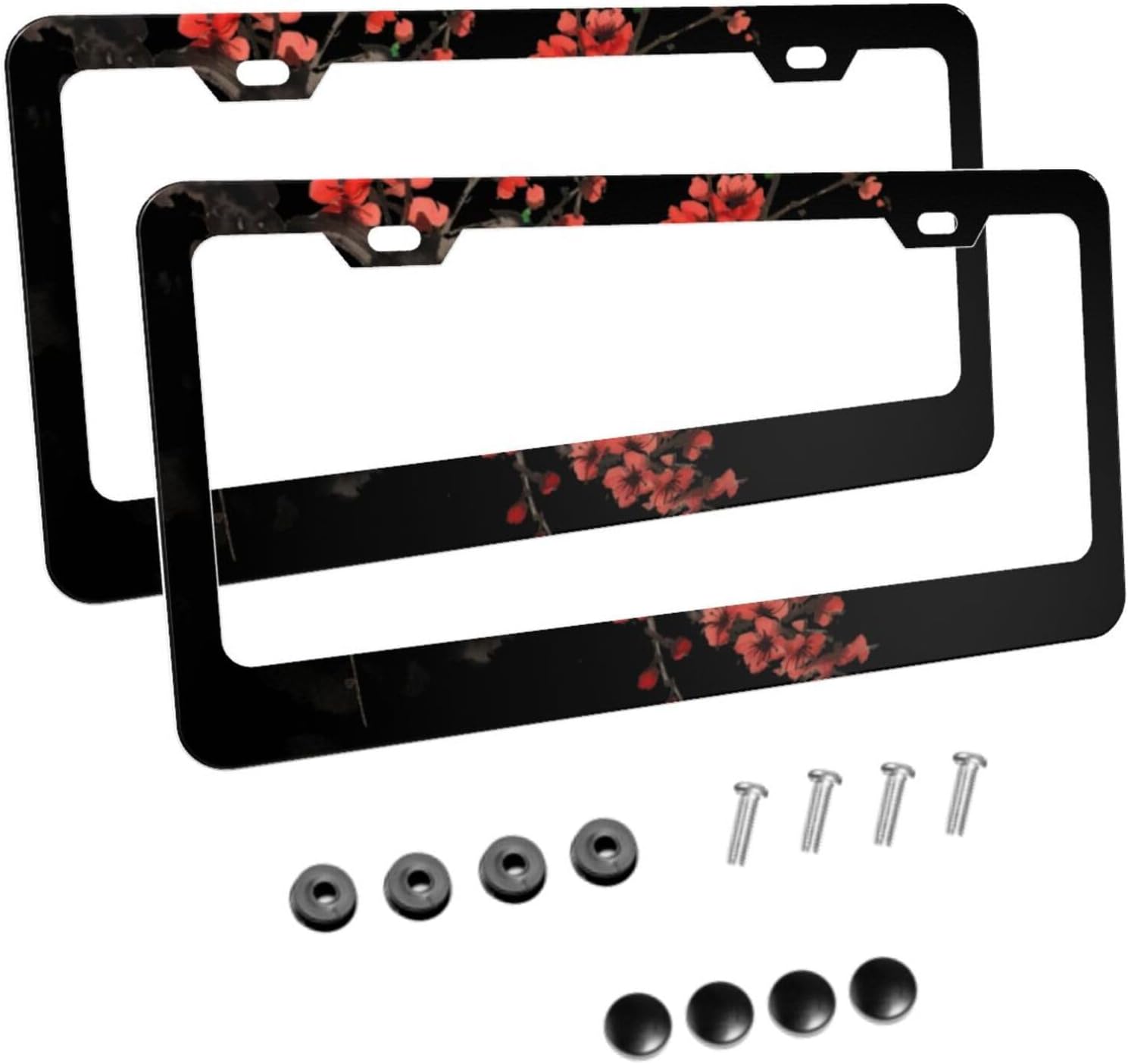 Plum Blossom Matte Aluminum License Plate Frame with Black Screw Caps，2pcs 2 Holes Black Licenses Plates Frames,Car Licenses Plate Covers Holders for Us Vehicles/Women/Men