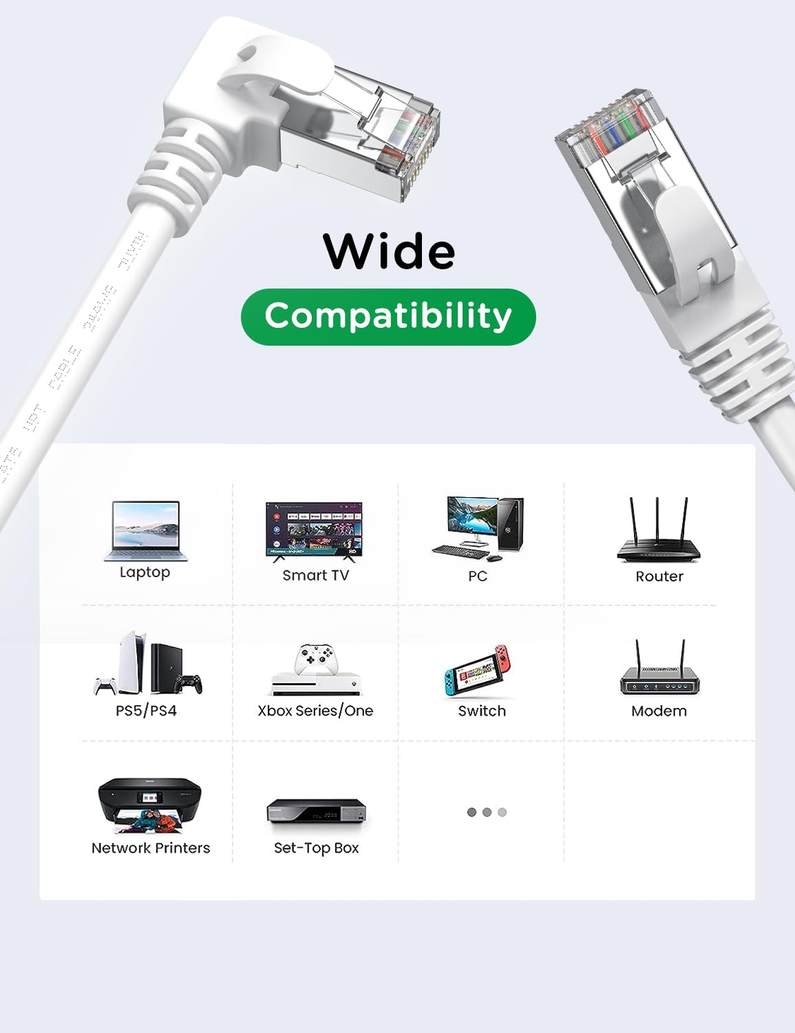 Cat6 kabel Ethernet, kątowy, 90 stopni, kąt prosty, CAT 6, kabel krosowy Ethernet, Gigabit, RJ45, sieciowy kabel internetowy do Mac, PC, routera, modemu, drukarki, Xbox, PS4, PS3, biały