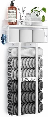 Miniatura 11 de Toallero para Baño de 31 Pulgadas Montado en Pared, Estante Flotante con Tablero de Madera, Almacenamiento de Toallas para Baño que Puede Contener 6