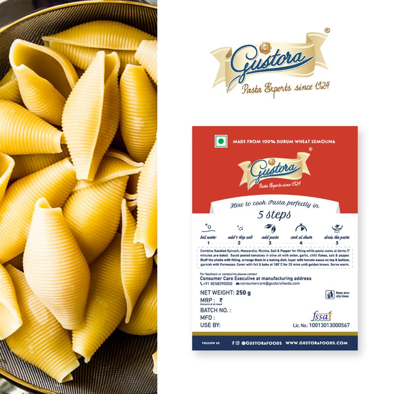 Image of Gustora Durum Wheat Semolina Conchiglioni Pasta, 250g I Vegetarian Pasta I Rich in Fibre & Protein - 250GM