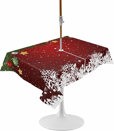 Manteles de Navidad para exteriores con agujero para sombrilla y cremallera, hojas de pino rojo y verde, copo de nieve, resistente al agua,
