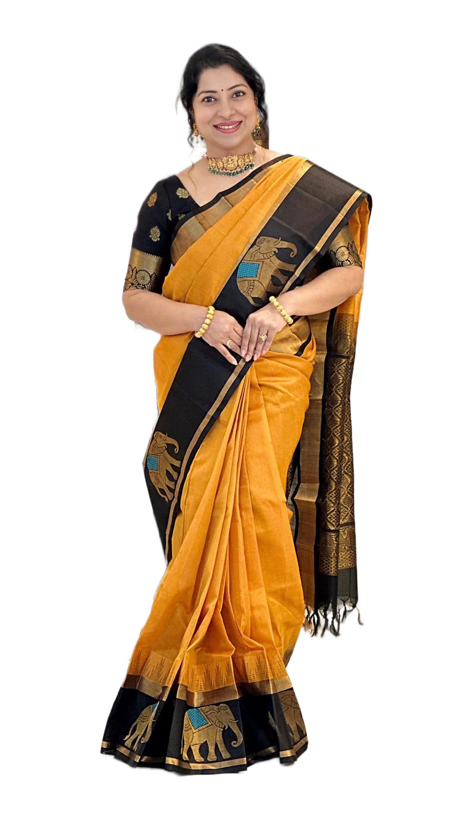 Womens Banarasi Silk Saree With Elephant Motifs On The Border And Latkan On The Pallu And Banarasi Soft Silk Blouse 5.5 Meter Saree 0.8 Meter Unstitched Blouse Piece-Orange-image-14
