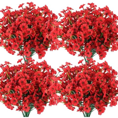 Hananona 14 Bundles Artificial Flowers Outdoor Red Fake Flowers UV Resistant No Fade Faux Outdoor Plants Garden Porch Window Box Christmas Decorating (14, Red) Cover