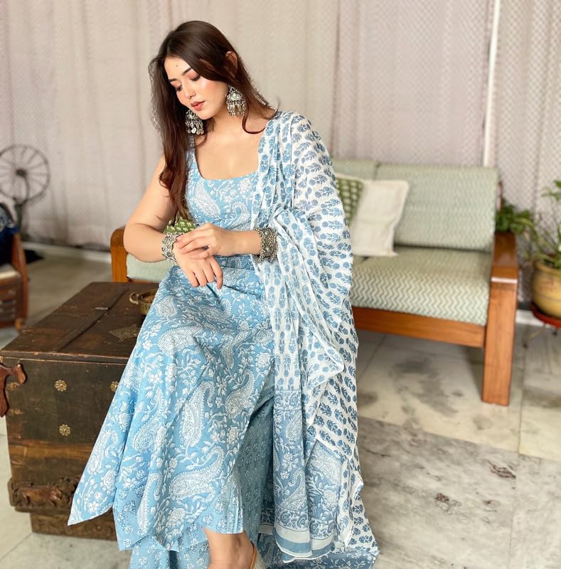 Image of Women's Cotton Anarkali Kurta Set with Dupatta | Sleeveless Printed Kurti & Palazzo Suit | Ethnic Wear for Girls & Women