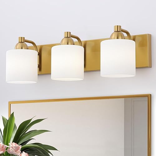 Luces de tocador de vidrio de leche de acero inoxidable para baño, 3 lámparas de baño doradas claras sobre espejo, enchufes E26 de cerámica montados