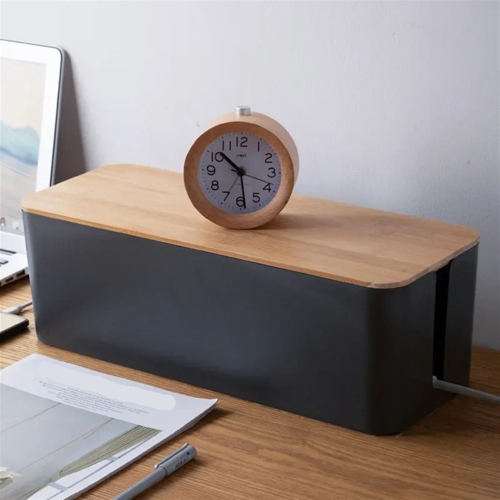 Kabelmanagementbox Draht Box Bambus Holz Abdeckung Kabel Management Board Lagerung Netzkabel Kreative Einfache Ladegerät(M-Black)