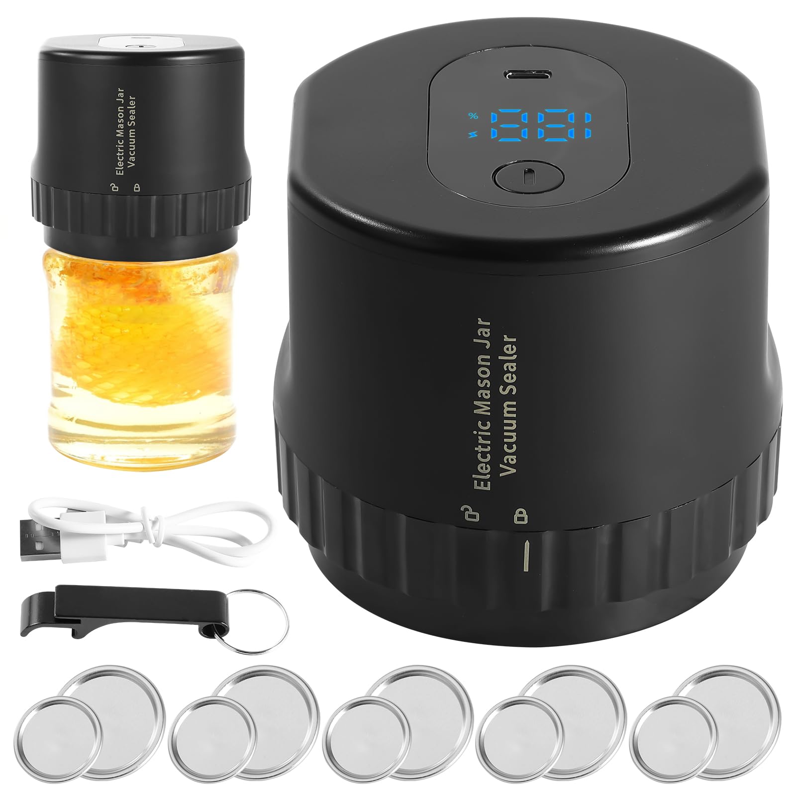 Edsjegn Electric Mason Jar Vacuum Sealer,Strong Suction Jar Vacuum Sealer Kit with Wide and Regular Mason Lids Rechargeable Vacuum Sealing Machine for Storing Food,Black