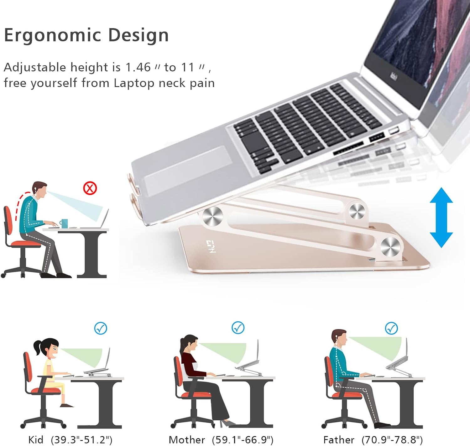 Crazy Clearance EPLaptop Stand for Desk, EPN Ergonomic Aluminum Alloy Laptop Holder Adjustable Height Computer Stand Notebook Riser Compatible with MacBook Pro Air, Dell, HP, Lenovo, Samsung More 9-16 Laptops-Gold