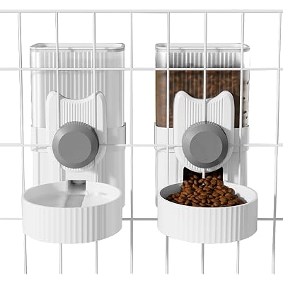 Hanging Cage Automatic Small Pet Food Bowl Water Bottle Dispenser, 1L Auto Gravity Pet Feeder and Waterer Set Kennel Feeding Station Crate Feeder Dish for Rabbit Puppy Cats Ferret (Grey)