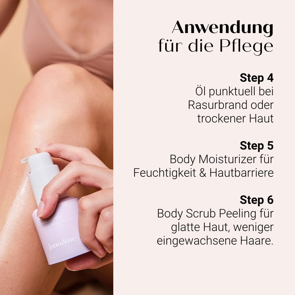 juno & me - All-in-One Set – Rasur- & Pflege-Routine mit AHA Körperpeeling, 2in1 Wash & Shave Gel, Body Shaving Oil, After Shave Moisturizer & Intimate Feel Good & Beauty Oil – vegane Körperpflege