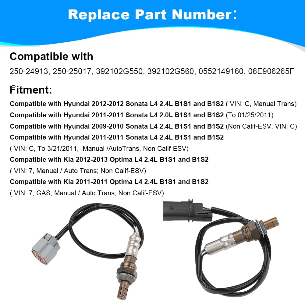 JDMON 2PCS Oxygen O2 Sensor Upstream Downstream Replacement for 2009-2012 Hyundai Sonata L4 2.4L, 2011-2013 Kia Optima Compatible with 250-24913, 250-25017