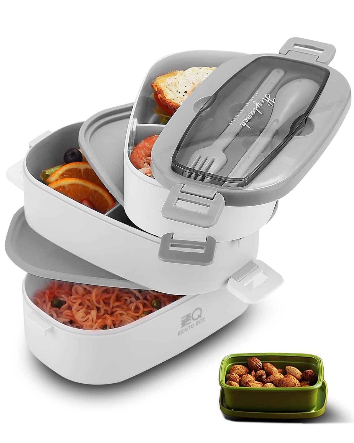 ZZQ Classic - Stackable Bento Box Lunch Container - Japanese-style Bento Boxes for Adults & Teens, Includes Sauce Container, Divider, Utensils, Microwave & Dishwasher-safe, White