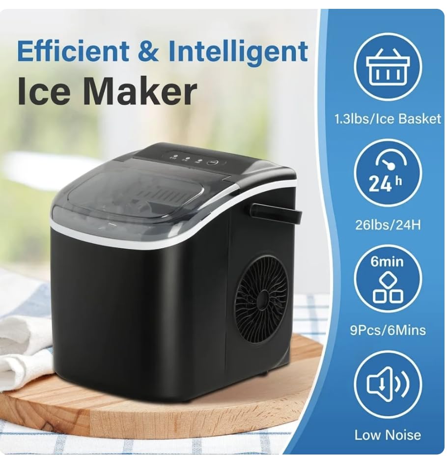 Generic Ice Maker for Countertop, 9 ice Cubes Ready in 6 Minutes, 26lb ice/24hr, self-Clean ice Machine with Plastic Spoon and Basket