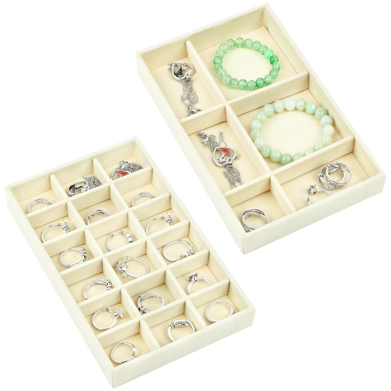 Aparador Organizador de Terciopelo, 2 Piezas Bandeja Organizador de Joyas, Apilables Bandeja Joyas, Caja de Almacenamiento para Cajónes, Guardar y Exhibir Aretes, Collares Joyería (Beige-C)