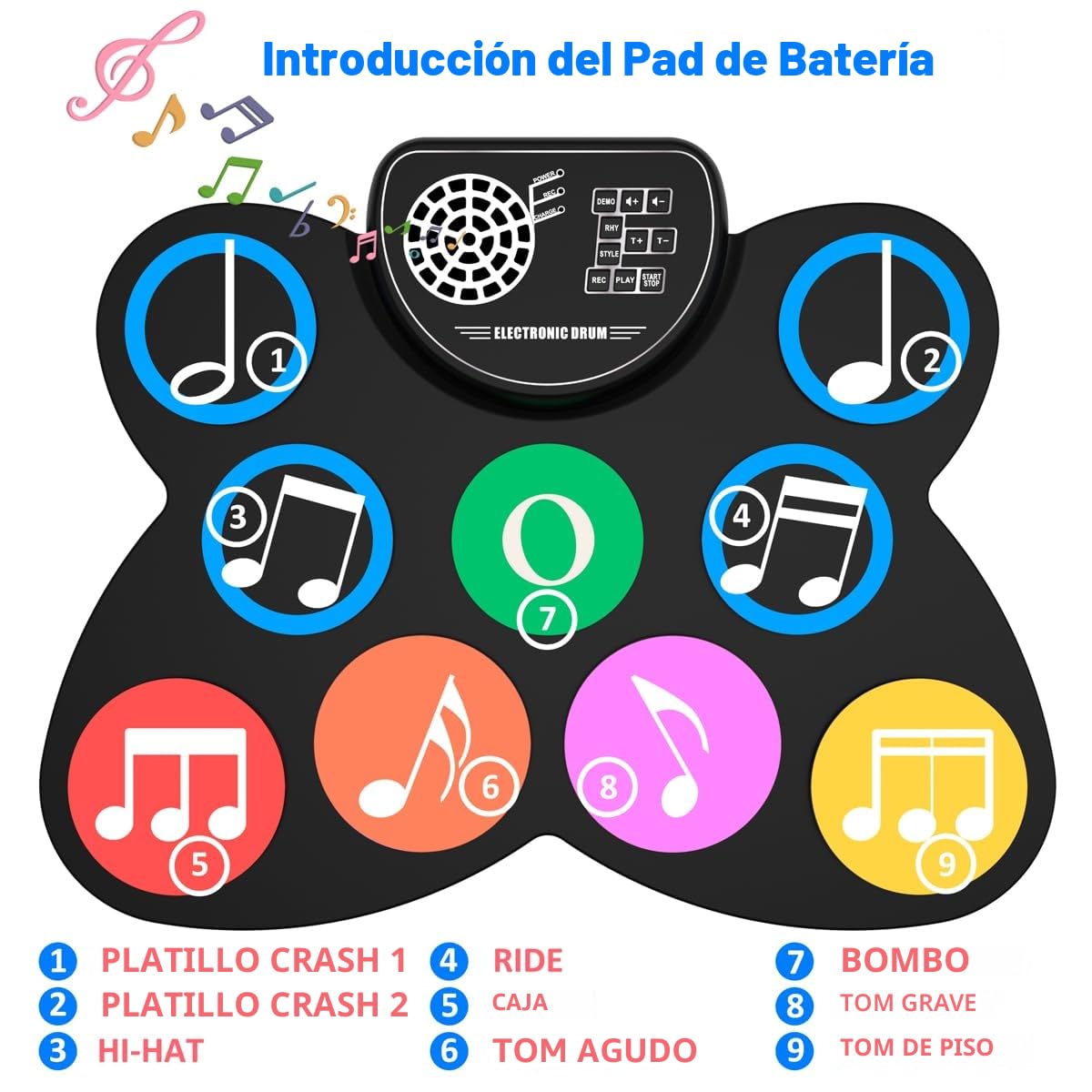 BATERIA ELECTRONICA - BATERIA INFANTIL y ADULTO. Ideal para NIÑOS y principiantes. Con 9 pads, 7 timbres distintos, 10 pistas de demostración y 9 rítmicos. El regalo ideal para Navidad