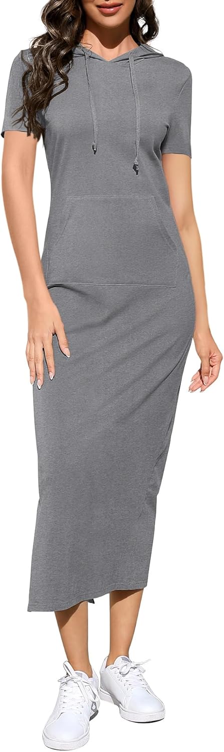 BeautyNee Women's Casual Short Sleeve Slim Pullover Maxi Hoodie Dress Sweatshirt Long Dresses with Pockets