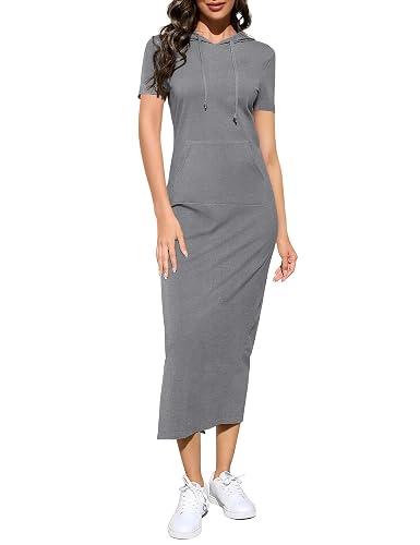 BeautyNee Women's Casual Short Sleeve Slim Pullover Maxi Hoodie Dress