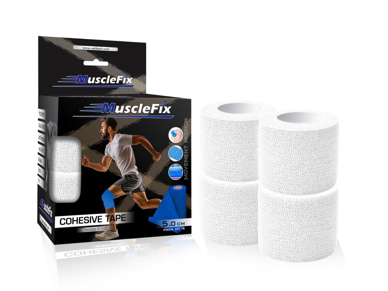 MuscleFix® Breathable Self Adhesive Wrap, Athletic, Non Woven Cohesive Bandage – for Sports, First Aid Medical, Wrist, Swelling (5 cm, 4.5 mtr) Pack of 4 (White)