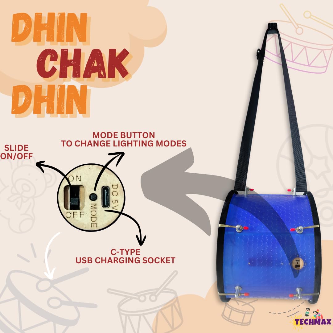 Lighting Dholak Tasha - Sensor Based - Rechargeable (Blue - Double Side - 11.5 INCH) 2