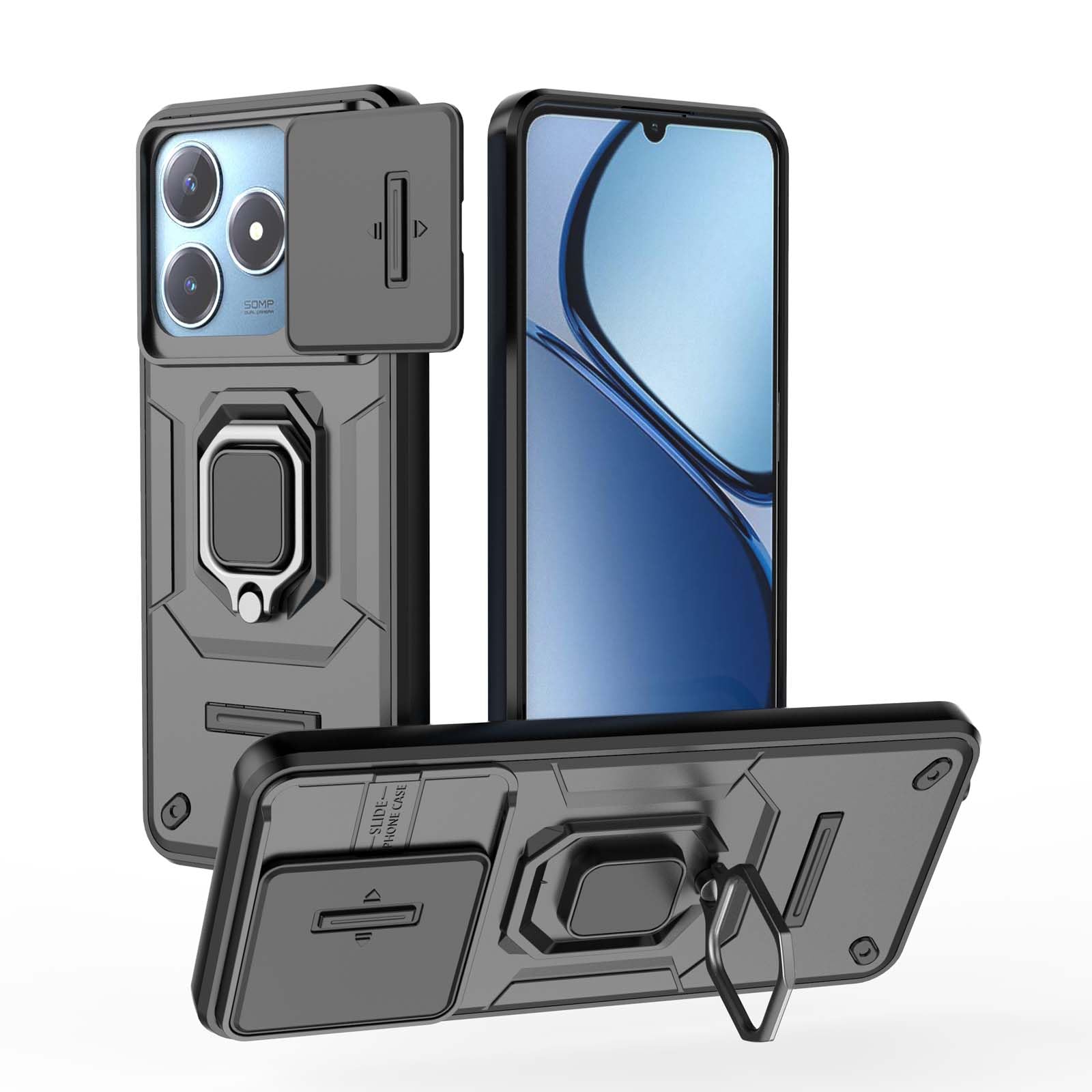 Lustree Back Cover Shockproof Silicone Military Anti-Drop Case with 360° Metal Bracket and Sliding Camera Cover Case for Realme C63/ C61 / Realme Narzo N63 / N61 - Black (B0DB8HSVHH) Amazon Price History, Amazon Price Tracker