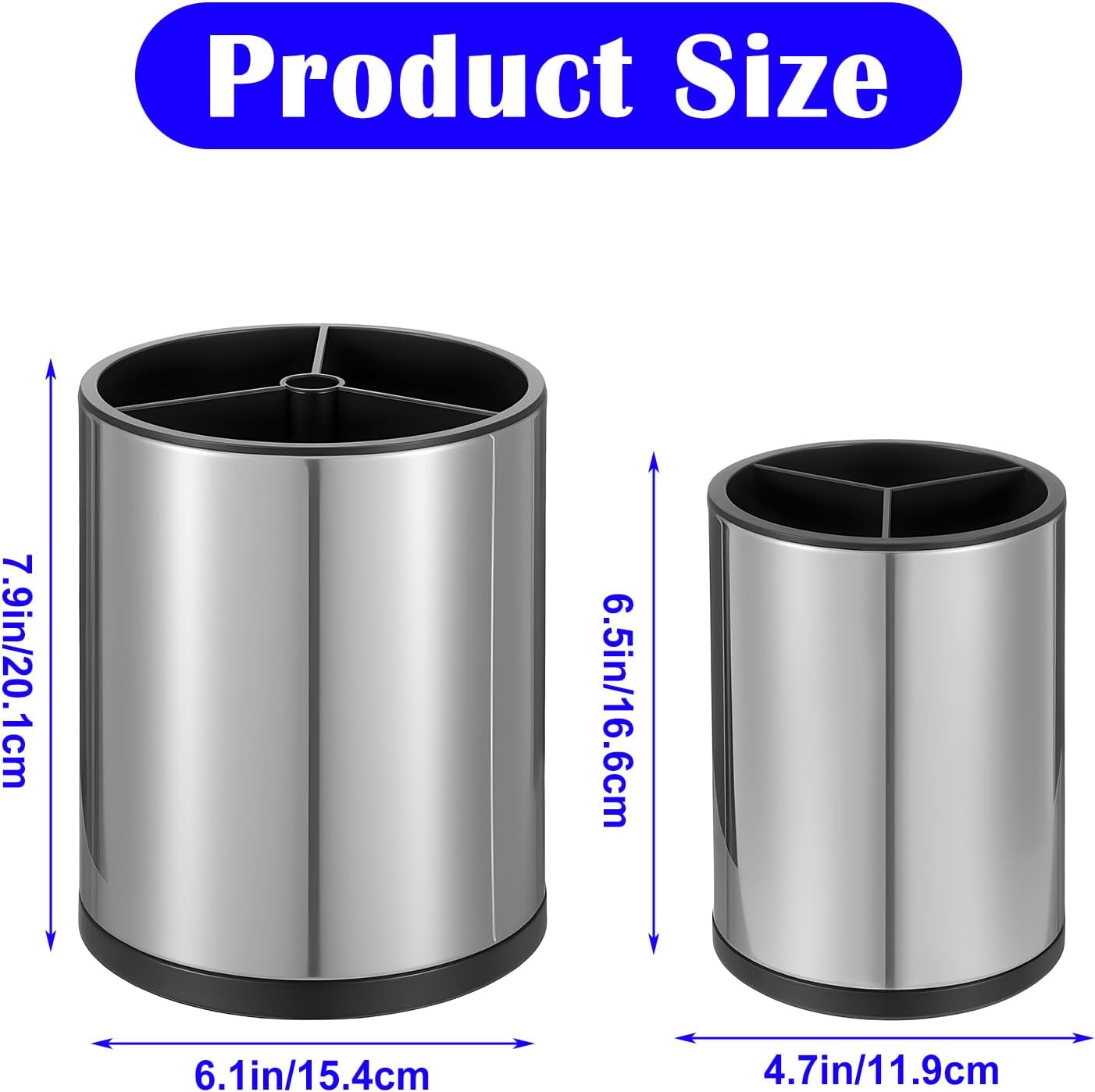 2 Pcs Kitchen Utensil Holder Set, 360° Rotating Stainless Steel Large Cooking Utensil Holder for Kitchen Counter with Removable Base, 3 Compartment Flatware Caddy for Knife Spoon Fork Spatula Tools