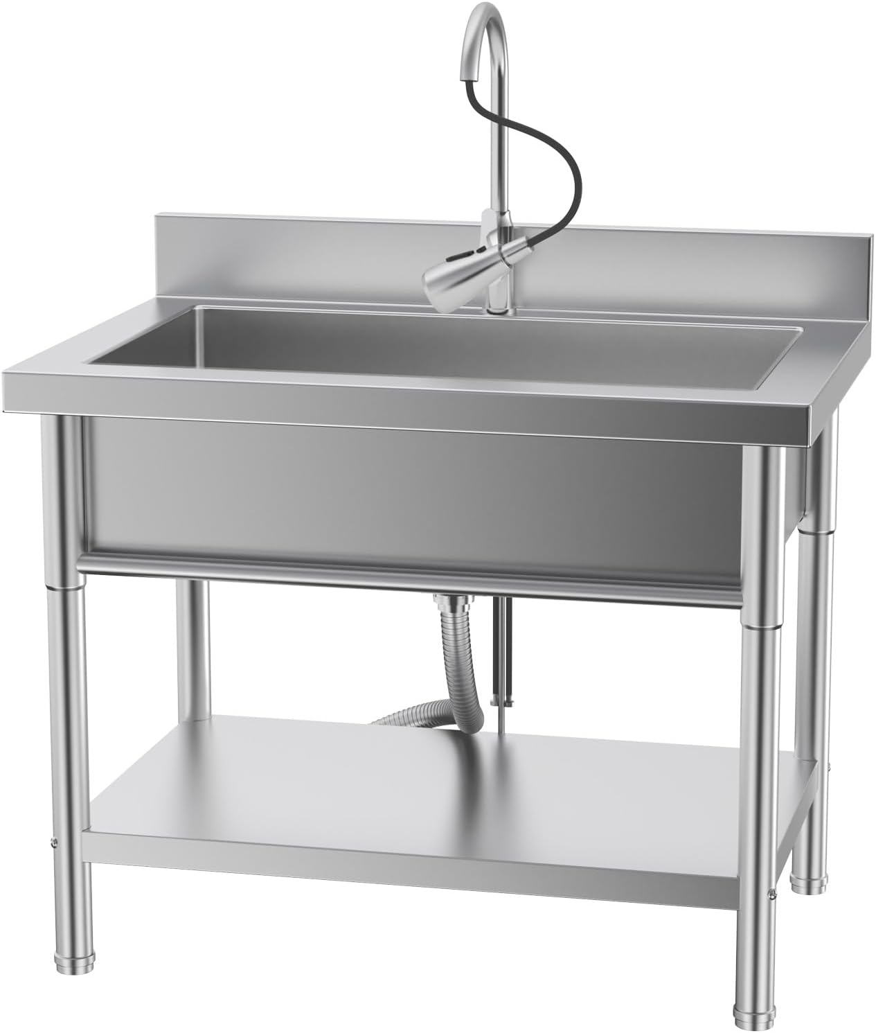 Stainless Steel Utility Sink, Commercial Kitchen Sink, 39.9'' Free Standing Single Bowl Sink with Drawer & Cold and Hot Water Pipe for Kitchen Laundry Room Farmhouse Indoor and Outdoor