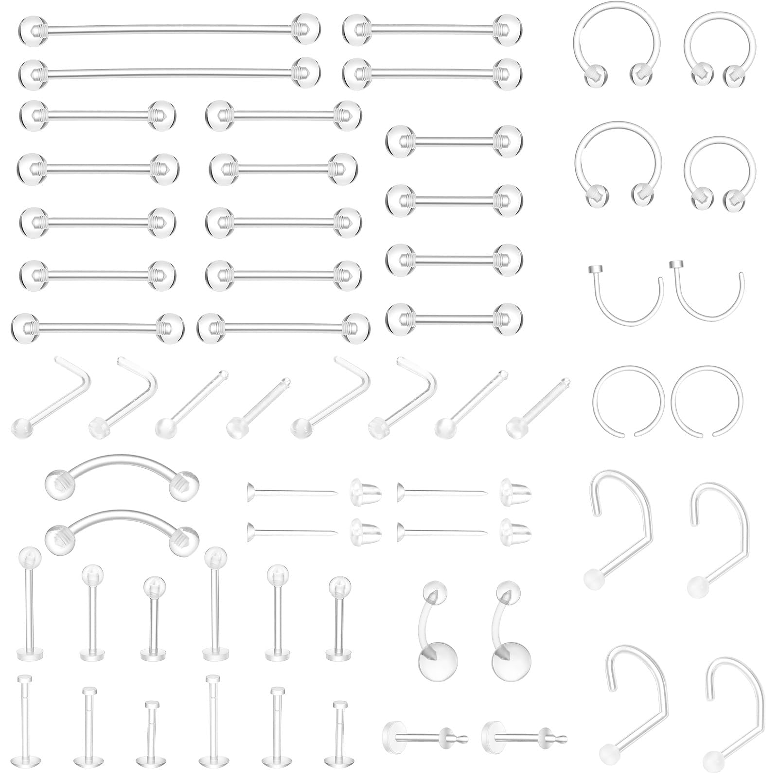 Yolev 60 sztuk Przezroczyste plastikowe kolczyki do piercingu, zatyczki, biżuteria, uchwyty do piercingu do piersi, języka, nosa, septum, brwi, pępka, chrząstki, tragus, kolczyki, przebijanie uszu