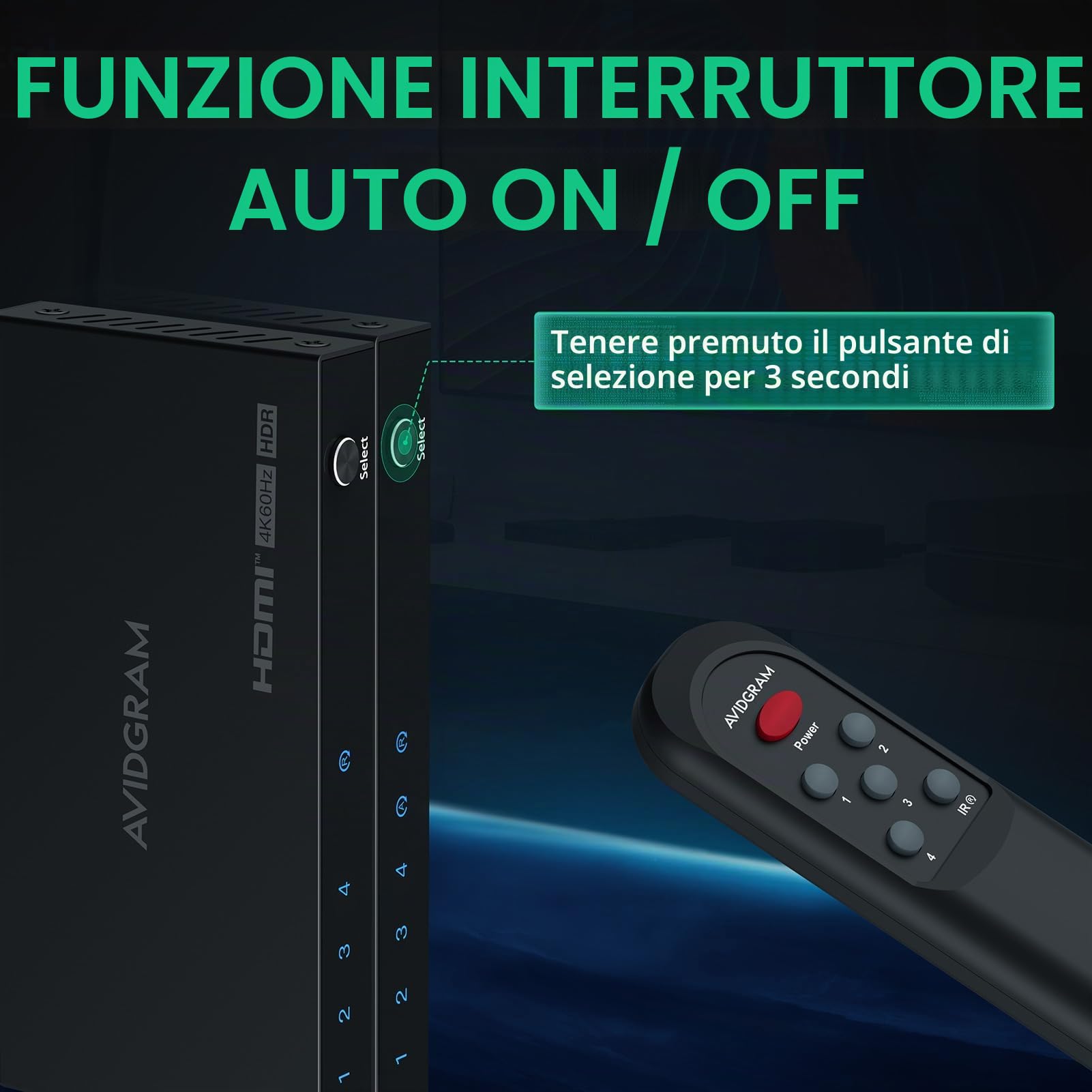 AVIDGRAM Switch HDMI 4K 60Hz 2.0 Selettore 4 In 1 Out con Telecomando IR HDCP 2.2 HDR10 18 Gbps