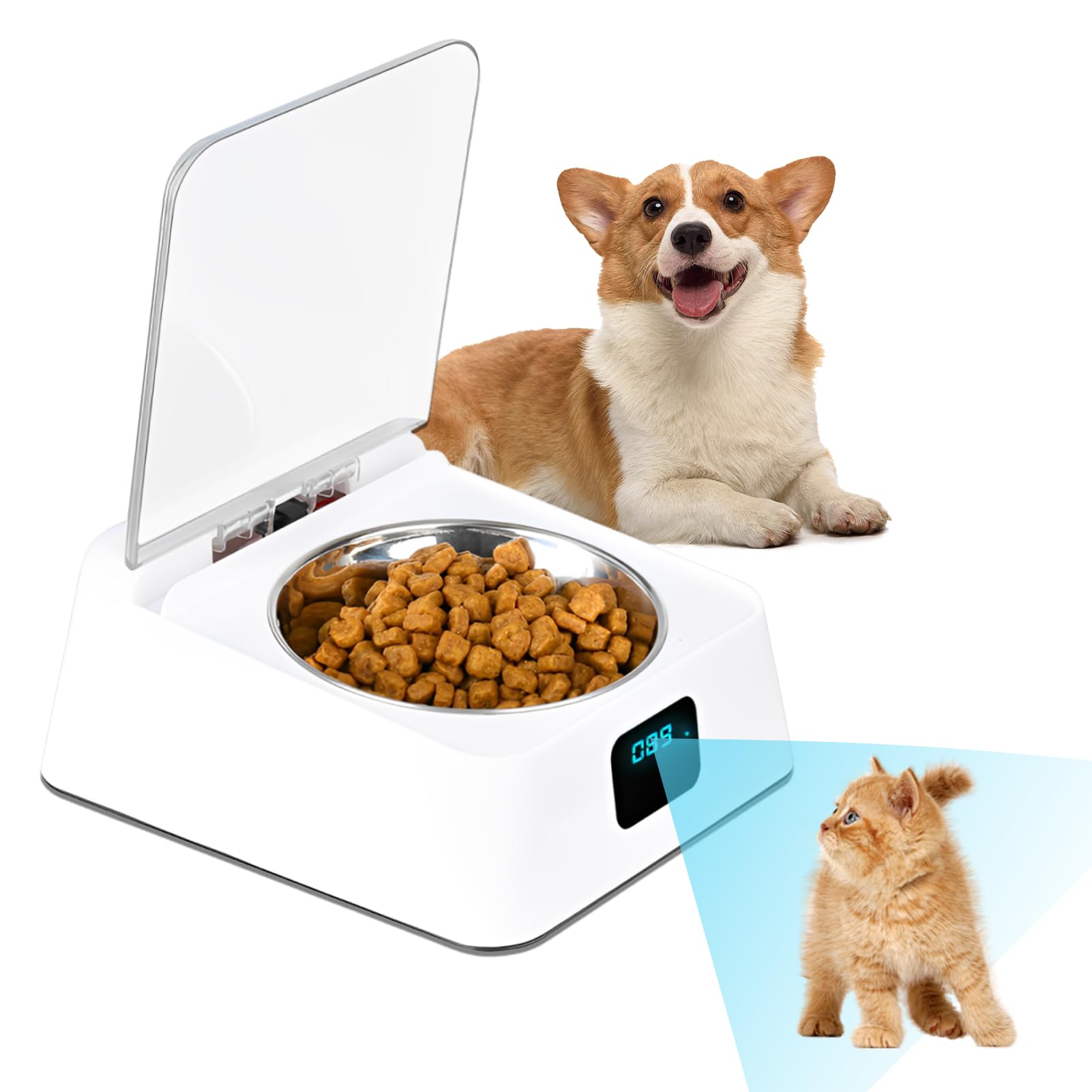 Goshyda Goshyda Automatischer Futterspender für Haustiere, Infrarot-Sensor Zum Öffnen des Deckels, Intelligenter Futterautomat für Hunde und Katzen mit Abnehmbaren Futternäpfen, Digitalanzeige,