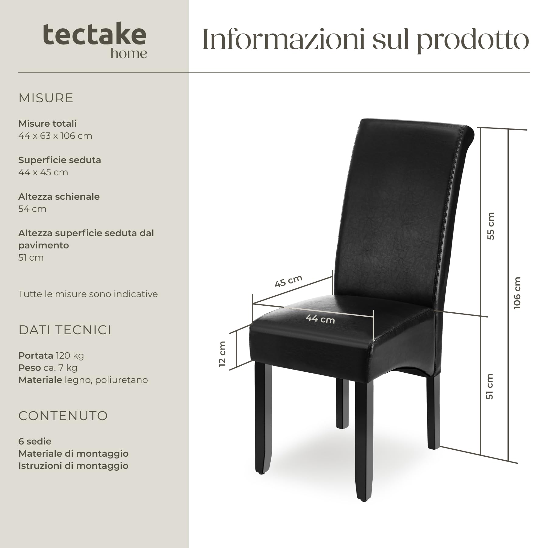 tectake® Set 6 Sedie Sala da Pranzo Ergonomiche, Sedie Moderne Sala da Pranzo con Gambe in Legno Massiccio, Sedie Comode per Ideali per Soggiorno e Cucina, Design Elegante - Nero