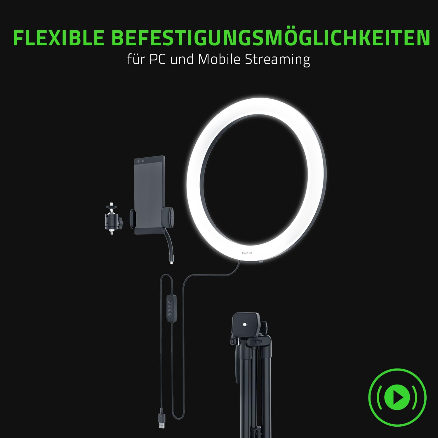 Razer Ring Light - 12-Zoll-USB-LED-Ringleuchte mit Stativ für PC + Mobile Streaming (Anpassbares Lichtspektrum + Helligkeit, Flexible Befestigungsmöglichkeiten) Schwarz