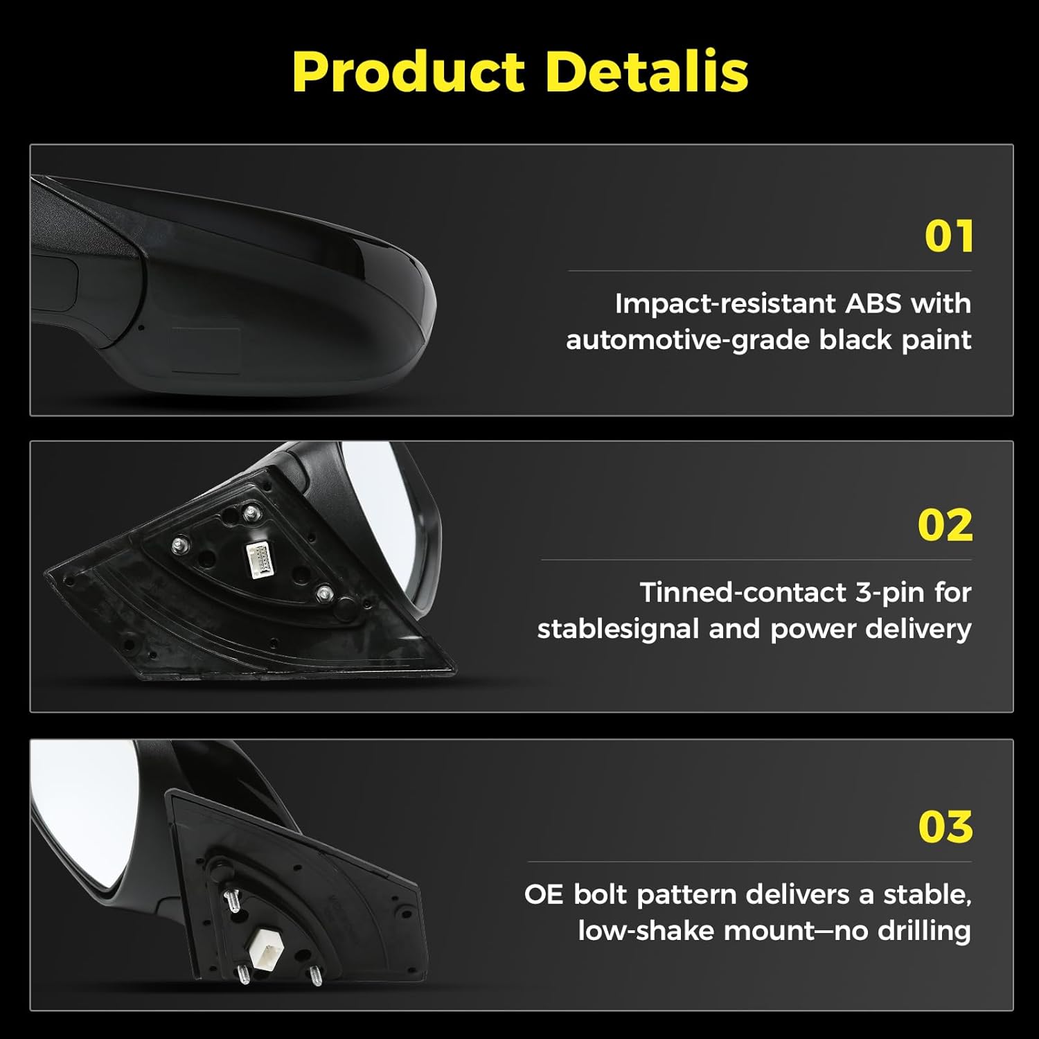 Driver Side Mirror (Left/LH) Compatible with Hyundai Elantra 2014-2016, Power Adjust, Manual-Folding, 3-Pin Connector, Black Housing, Replaces 876103Y550, HY1320220