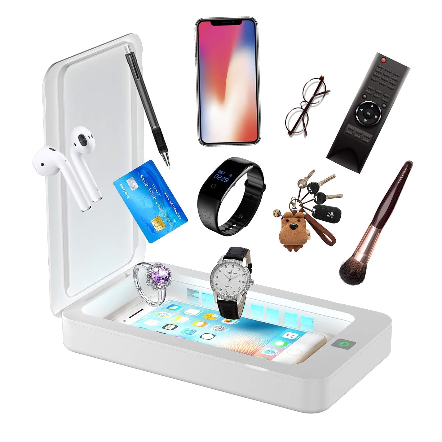 Boîte de désinfectant UV pour téléphone portable, boîte de nettoyage UVC, aromathérapie, stérilisateur UV à 360 ° pour téléphone, brosses à dents, bijoux, écouteurs, montres, clés, lunettes (bleu)