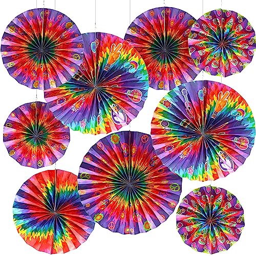 Outus 9 Pcs Tie Dye Party Supplies Groovy Hippie Hanging Paper Fans