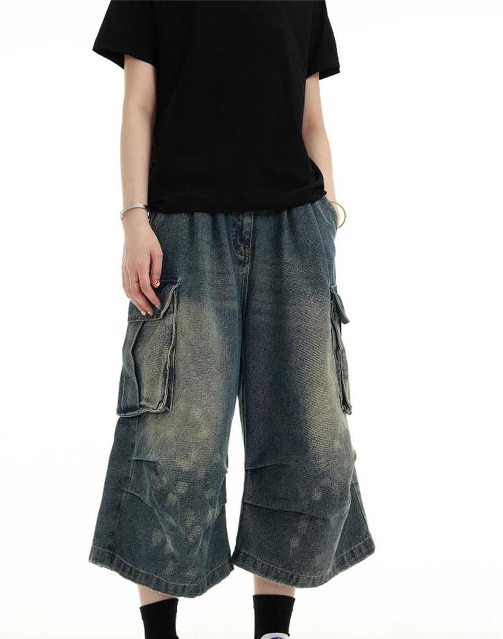 Men's Zipper Fly Straight Leg Knee Length Overalls Pleated Shorts Retro Casual Style Pants for Everyday Activities