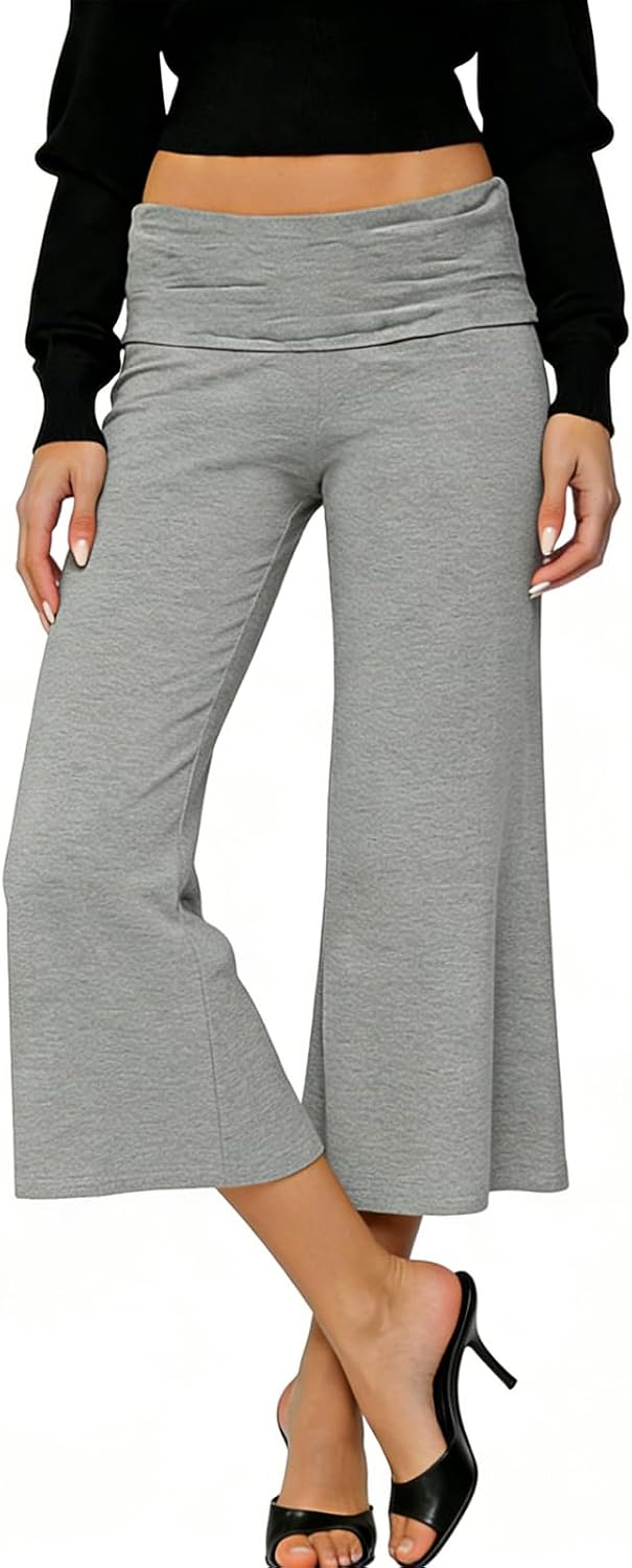 XBTCLXEBCO Womens Fold Over Capri Pants Flowy Low Rise Wide Leg Gaucho Pants Yoga Capris Comfy Palazzo Culotte Lounge Bottoms