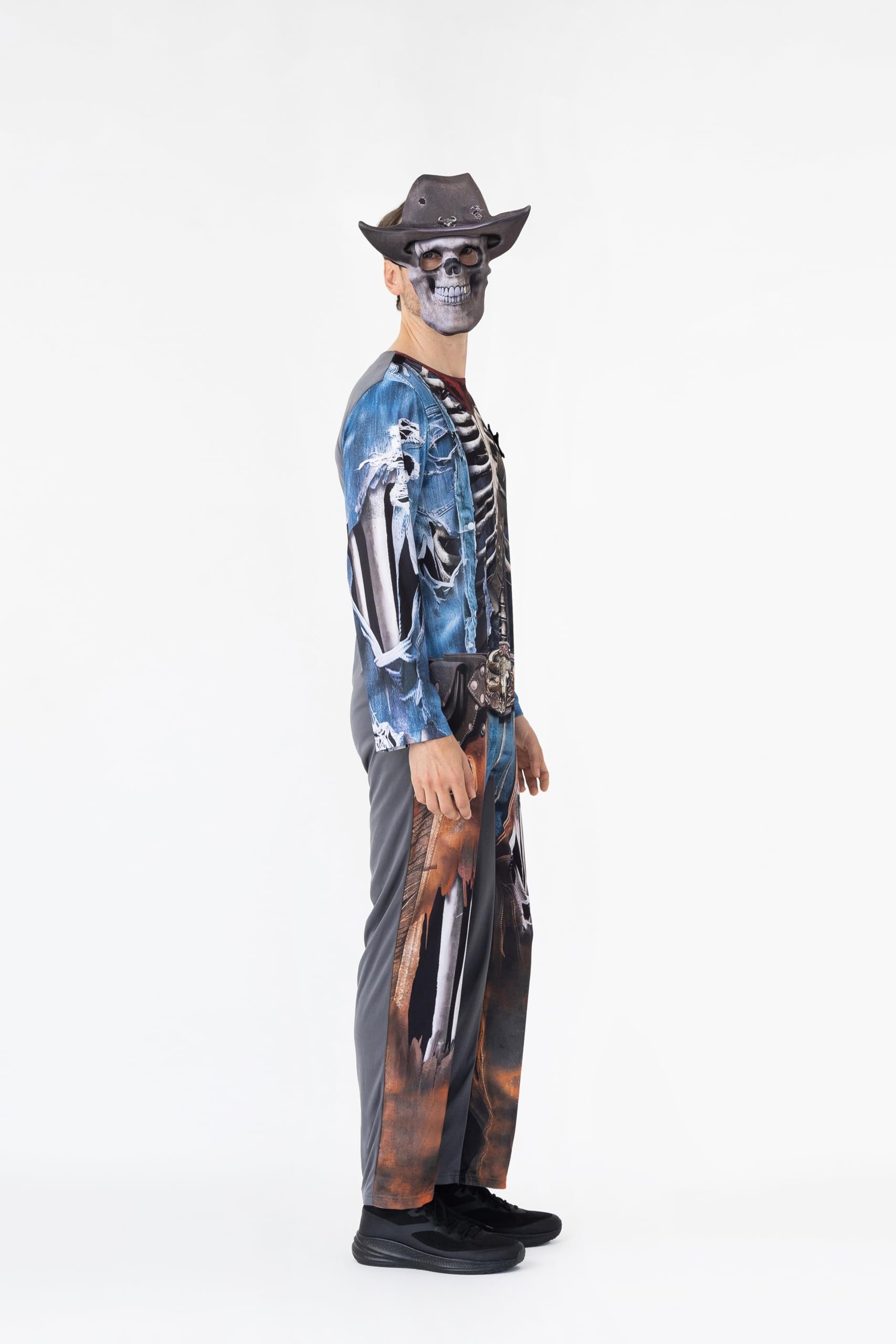 Adult Zombie Cowboy Halloween Costume, Men’s Ghoul Skeleton Cowboy Jumpsuit with EVA Digital Print Mask - Image 3
