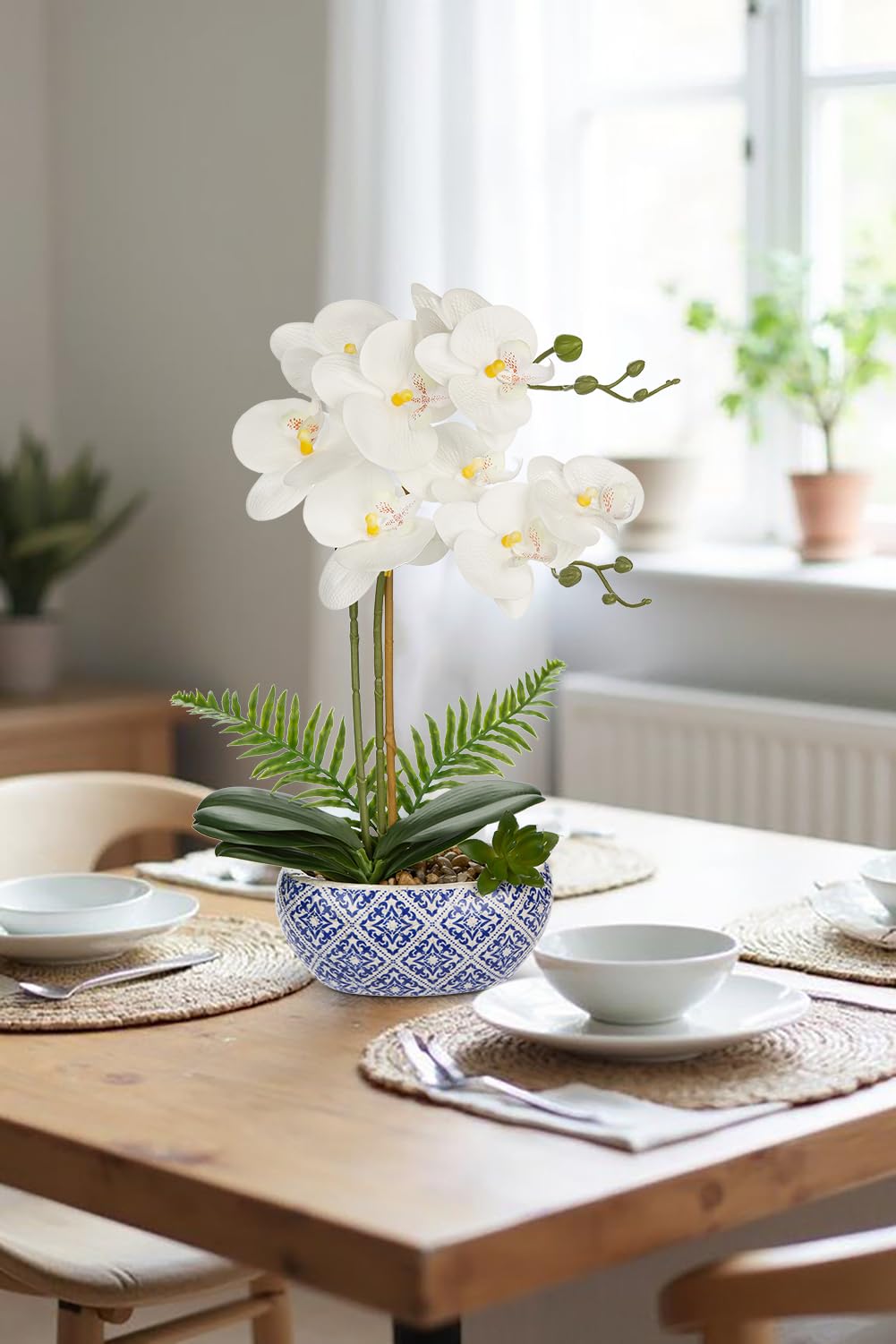 Hollyone Künstliche Orchideen Weiß Phalaenopsis Kunstpflanze Deko Orchidee Kunstblumen im Keramiktopf mit Real Touch Blüten Gefälschte Orchideen Künstliche Bonsai für Hotel Wohnzimmer Büro Deko