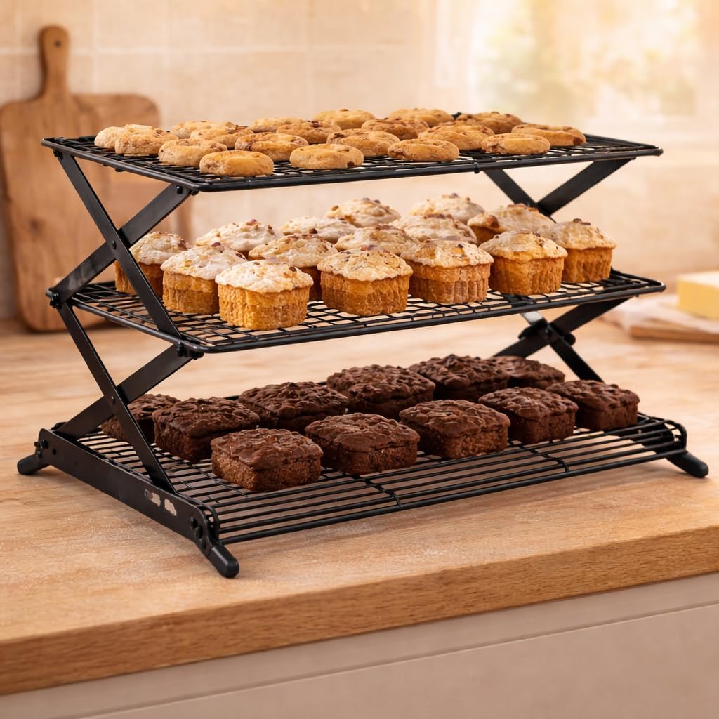 3-Tier Collapsible Cooling Rack - Adjustable & Stackable Wire Baking Rack with Stable X-Leg Design, Space-Saving Cooling Racks for Cooking, Baking Cookies, Cakes, Roasting & Drying (Black)