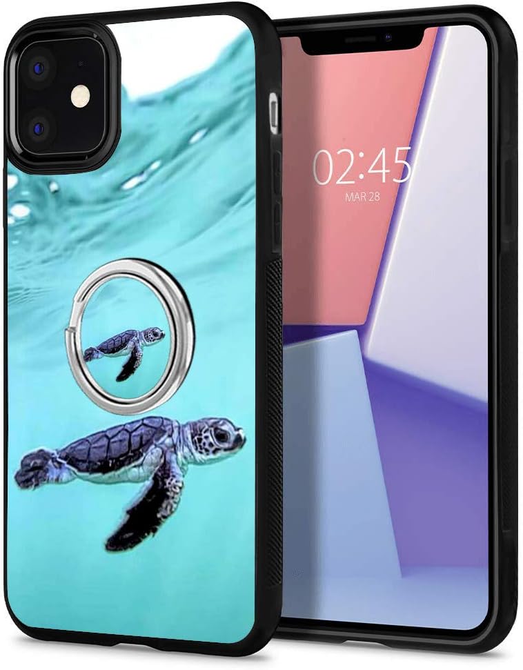 Universal Custom Sea Turtle iPhone 11 Case with Ring Holder Kickstand Rotational Heavy Duty Armor Protective Soft TPU Bumper Shell Cover for iPhone 11