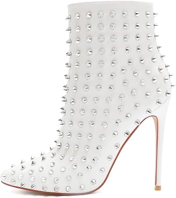 COLETER Womens Fashion White Ankle Boots with Rivets Closed Pointed Toe Stilettos Autumn Warm Dress Booties White 10 US