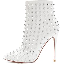 COLETER Womens Fashion White Ankle Boots with Rivets Closed Pointed Toe Stilettos Autumn Warm Dress Booties White 8 US
