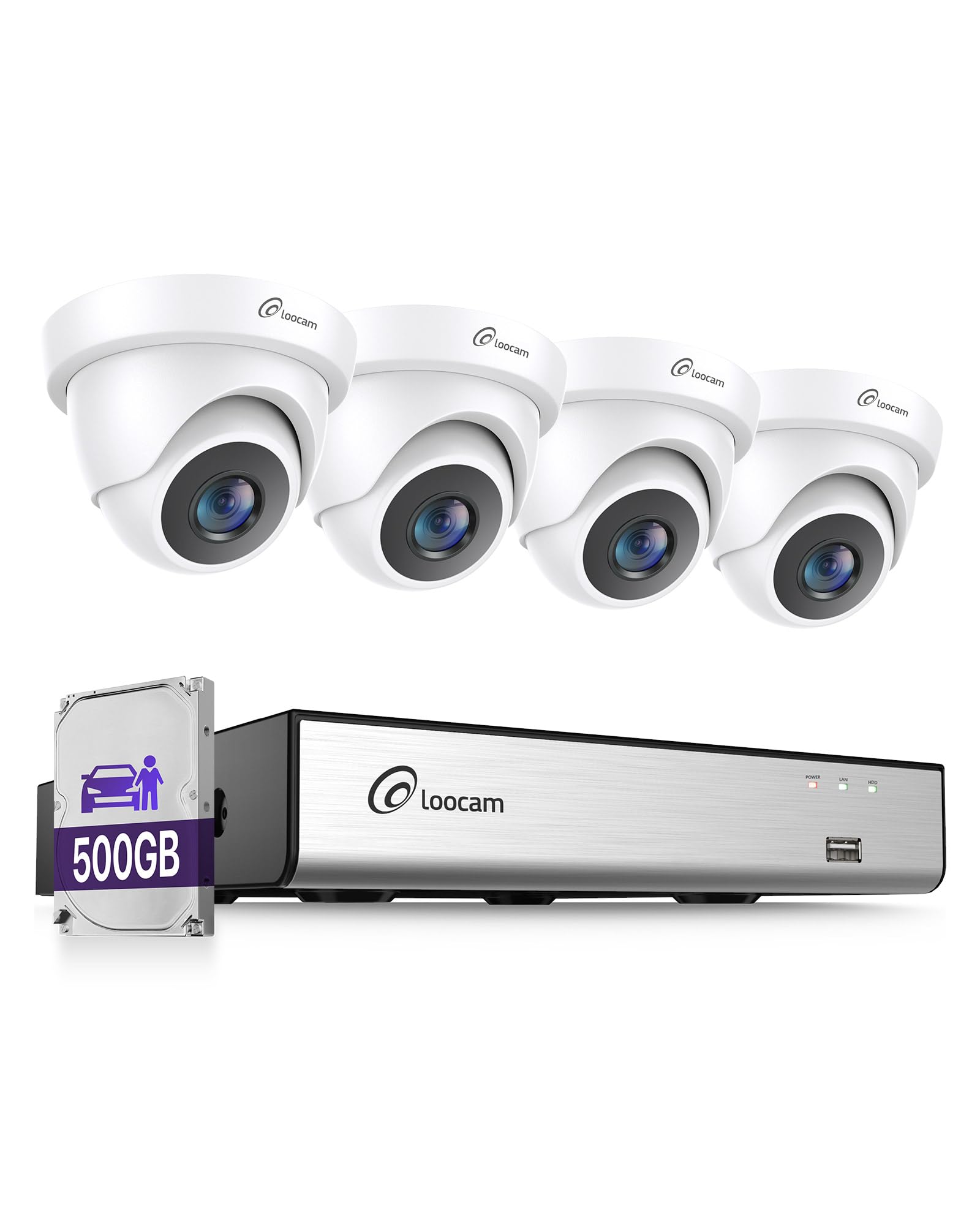 Loocam CCTV Camera System Outdoor, Human Vehicle Detection, 3K Lite 8CH 4-in-1 hybrid DVR with 500GB HDD & 4pcs 1080P Wired Security Cams, Home Surveillance Cameras Indoor, Night Vision, Email Alert