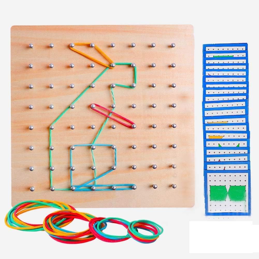 Wooden Geoboard Mathematical Manipulative Material Array STEM Block Geo Board Graphical Educational Toys with 24Pcs Pattern Cards and Latex Bands Shape Puzzle Matrix 8x8 Brain Teaser for Kid